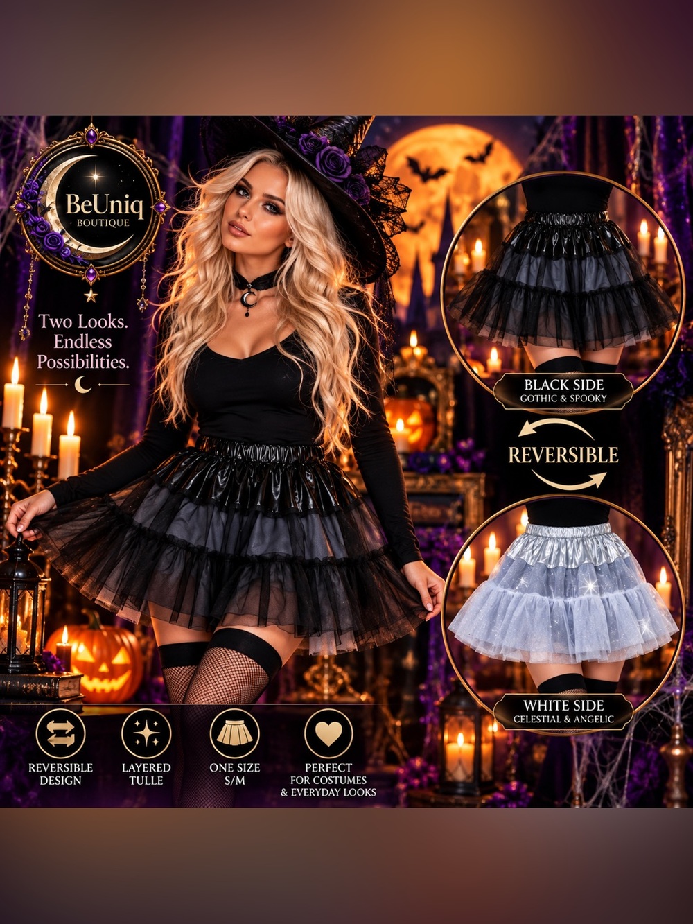 NWT Reversible Black & Silver Celestial Gothic Tulle Tutu Skirt S/M